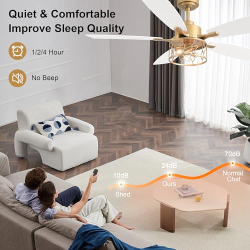 52 Inch White and Gold Ceiling Fan with Lights Modern Fandelier | Industrial Caged Fandalier, Farmhouse Rustic Chandelier Light for Living Room Bedroom, Reversible 6 Speeds, Remote Control - color: Gold, size: 52 Inch