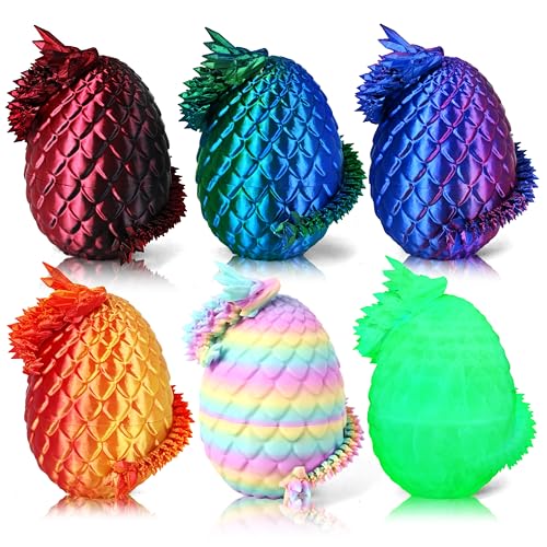 Impossmaker 8" 3D Printed Easter Dragon Eggs with 3D Printed Dragon Inside, Easter Basket Stuffers Mini Dragon Egg Set Articulated Crystal Dragon Fidget Toy for Adults Teens - style: 6P-S2