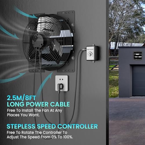 HG Power 16 Inch Attic Fan with Speed Controller, 1681 CFM Shutter Exhaust Fan with EC Motor, Wall Mounted Greenhouse Fan for Shed, Basement, Gable, Chicken Coop Ventilation Use, Black - size: 16 Inch w/ Speed Controller