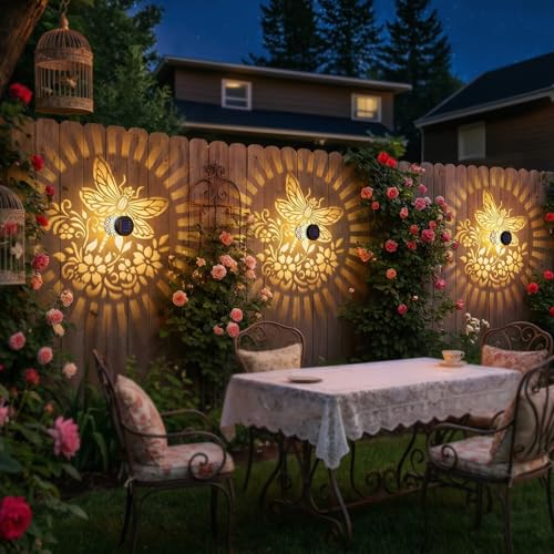 Gardsee Solar Fence Lights Outdoor 2 Pack Deck Step Wall Lights Butterfly Metal Waterproof LED Warm Yellow Light for Garden Post Patio Backyard Yard Decor (Black 3) - style: black 3