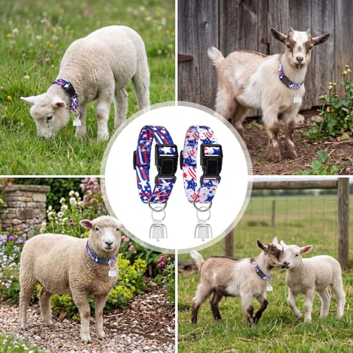 2 Pack Patriotic Goat Collars with Bells, Red White Blue Adjustable Nylon Sheep Collar 13.7-20.5 in, Loud Copper Bell Grazing Collar for Goats Lambs Sheep Calves Accessories - style: Independence Day