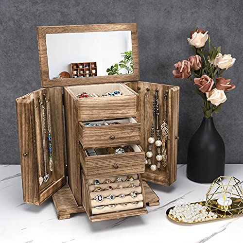 Emfogo Jewelry Box for Women, Rustic Wooden Jewelry Boxes & Organizers with Mirror, 4 Layer Jewelry Organizer Box Display for Rings Earrings Necklaces Bracelets (Rustic Brown) - color: Rustic Brown