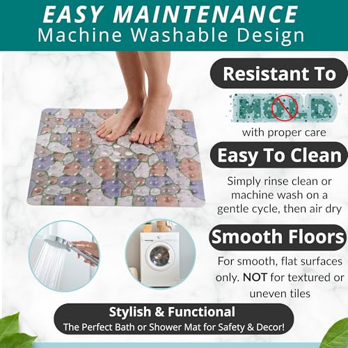 ENKOSI Square Shower Mat 21x21 inch - Anti Slip Shower Stall Floor Mat - Non Slip Shower Mats with Strong Secure Suction Cups and Drain Holes in Middle (21x21 Stone Path) - color: Stone Path