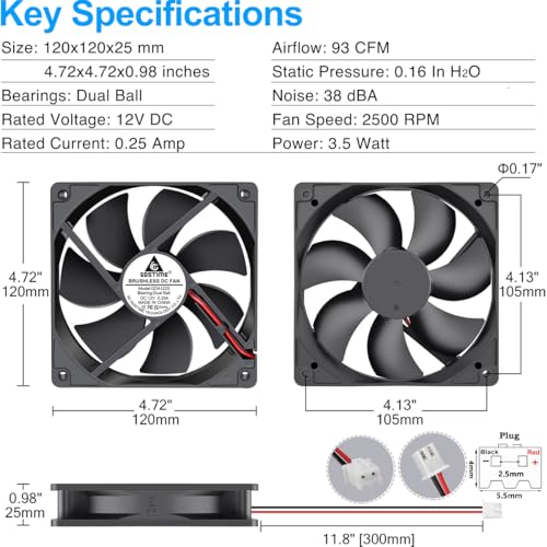 GDSTIME 120mm 12V Computer Fan 2 Pin Dual Ball Bearing DC Cooling, 2-Pack | 2500 RPM, 120x120x25mm, PC Case Cooler, High Speed, Replacement for Ice Maker, Rv Fridge, Power Supply, 1225, 5 Inch 12 Volt - size: 120x25mm