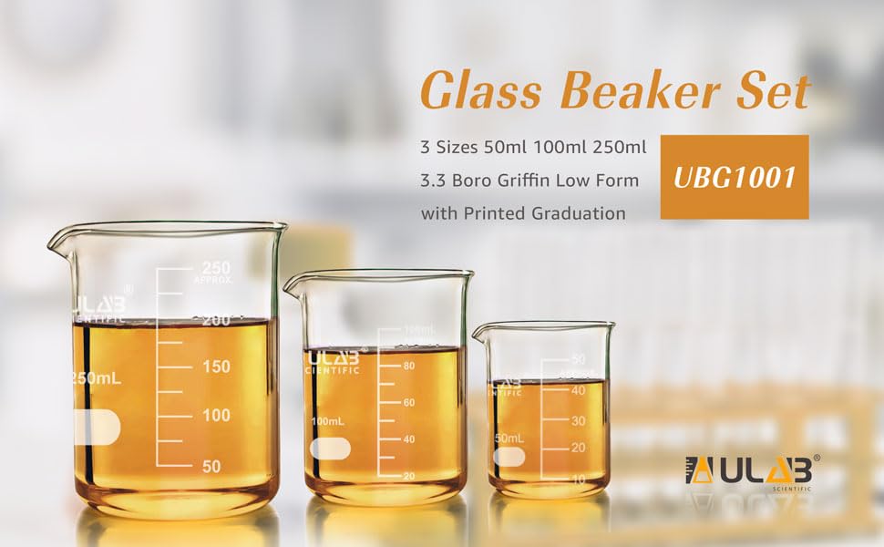 ULAB Scientific Glass Beaker Set, 3 Sizes 50ml 100ml 250ml, 3.3 Boro Griffin Low Form with Printed Graduation, UBG1001 - style: Low form 3 Sizes: 50ml 100ml 250ml