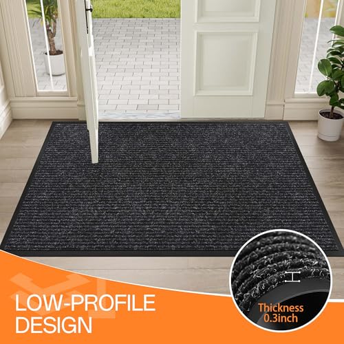 Front Door Mat Outside Entrance, Dirt Trapper Doormat 72" x 36" | Non Slip Indoor Outdoor Welcome Mat for Entryway, Absorbent Commercial Floor Mat for High Traffic Area, All Weather, Black - color: Black Striped, size: 3' x 6' (Rectangular)