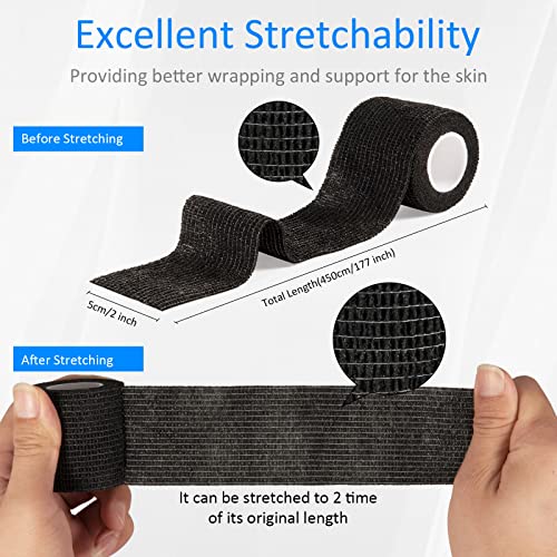 12 Pack Self Adhesive Bandage Wrap 2 Inches x 5 Yards Elastic Bandage Wrap Self Adherent Cohesive Tape Bandages for Wrist Ankle Vet Wrap for Dogs Swelling Sprains Athletic Tape Grip Cover (Black) | Elastic Bandage Wrap Cohesive Bandages for Wrist Ankle Pe