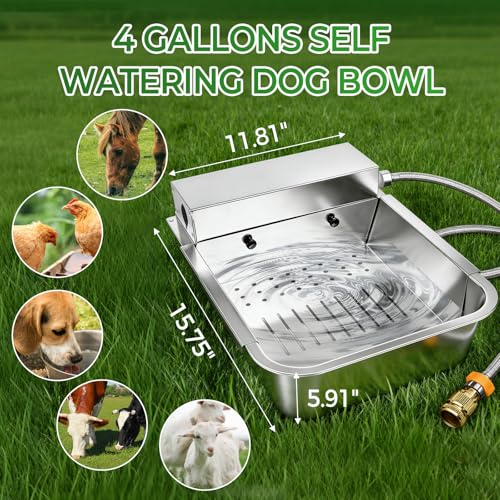 Automatic Dog Water Dispenser with Drain Hole & Sink Strainer, Stainless Steel Auto Dog Water Bowl with Float Valves, Hose Quick Connect Fitting, for Livestock, Chicken, Horse (4 Gallons) - size: 4 Gallons