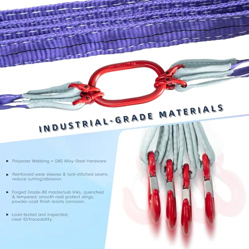 10 ft 4-Leg Web Bridle Lifting Sling, 8800 lb WLL | Safety-latch hooks, top master link, sewn load tag, taller hoist setups - size: 10 ft