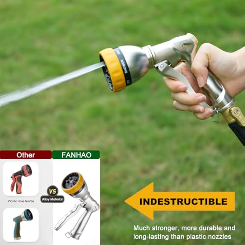 FANHAO Heavy Duty Metal Garden Hose Nozzle, High Pressure Sprayer Leakproof | 7 Adjustable Spray Patterns, Rustproof Zinc Alloy, Hands-Free Lock, Shockproof Bezel Water Nozzle for Lawn, Plant, Car & Pet