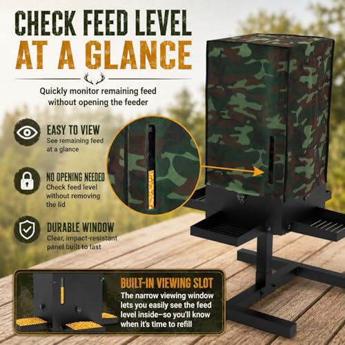 80 lbs Deer Feeder, Gravity Deer Feeder w/Adjustable Feed Outlet | 4 Feeding Tray, View Window, Weatherproof Camo Cover, Metal Deer Feeders for Woodland, Farm, Ranch & Hunting Grounds
