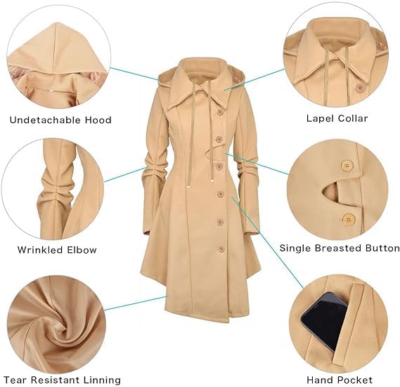 Long Trench Pea Coat for Women - Winter Trench Coat Goth Lapel Peacoat Outwear Thick Hood Pea Jacket Trenchcoat - color: A- Khaki, size: Large