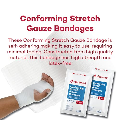 Dealmed Sterile 4 in Stretch Gauze Bandage - Latex Free - 12 Rolls | Polyester Mesh, Individually Wrapped, Self Adhering, Non Adherent, Breathable, Conforming Design, First Aid Burn Care - size: 4 Inch (Box), style: Sterile