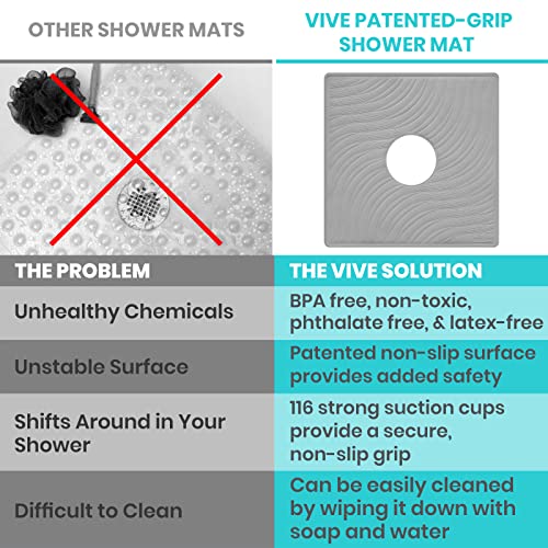 Vive Shower Mat - 22" by 22" Square Non Slip Large Bath Mat for Bathtub - Patented Design - Suction Cup Traction Skid Pad for Stalls Floors Tub - Textured Rubber with Drain Hole | Patented Design - Suction Cup Traction Skid Pad for Stalls Floors Tub - Tex