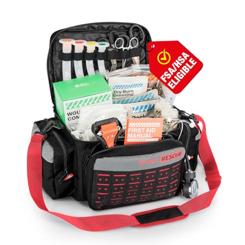 RHINO RESCUE First Responder First Aid Kit Fully-Stocked EMT Bag(Black,20L) | Professional EMT/EMS Trauma Medical Kit, Molle System & Reflective Stripe, 300+ First Aid Supplies, Suits for Business, Home - color: Black