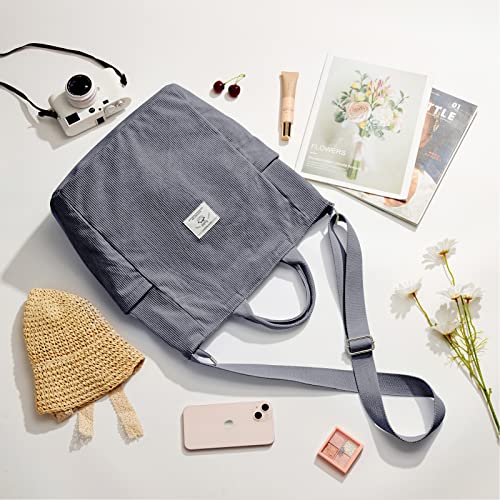 KALIDI Corduroy Tote Bag, Large Slouchy Hobo Messenger Crossbody Bag | Anti Splash Zipper Side Pockets Shoulder Bag Adjustable Strap Lightweight Casual Work Shopping Women - color: Frost Blue