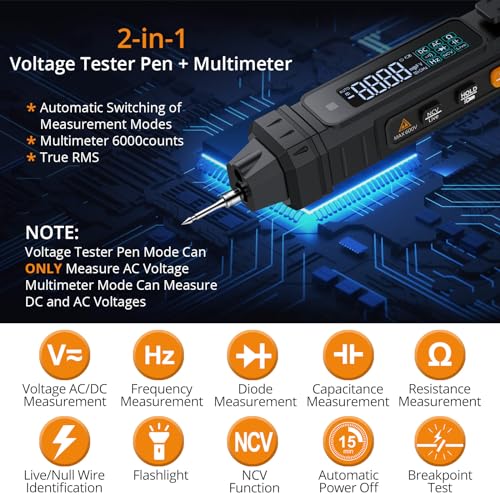 Neoteck 6000 Counts 2 in 1 Pen Type Digital Multimeter Voltage Tester | TRMS Intelligent Voltmeter with LCD Display AC/DC Voltage Resistance Diode Continuity Capacitance Frequency for PCB DIY-Black - color: Black, size: 6000 Counts