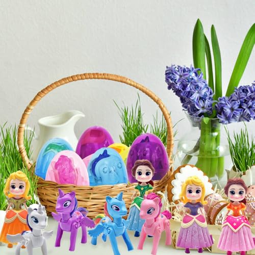 FUNKY WIZARD 8 Pack Easter Jumbo Princess Deformation Prefilled Easter Eggs with Toys, Easter Party Favors Gift for Girls for Kids, Easter Basket Stuffers Fillers, Classroom Prize (Pricess+ Horse) - style: pricess+horse