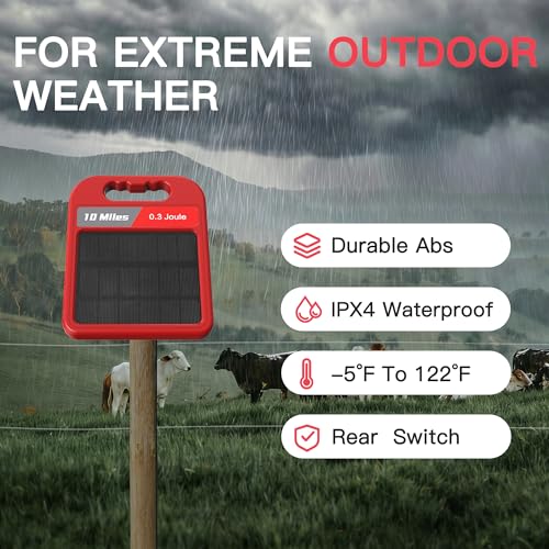 10 Mile Solar Fence Charger 0.3J Electric Fence Energizer with Day Night Mode 24-Hour Protection Red - size: 0.3J-Hong