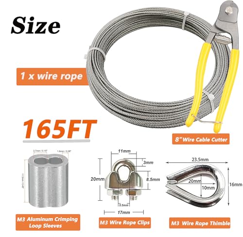 1/8 Inch Stainless Steel Wire Rope Kit, 7x7 Strands, 165 ft Length, With Cable Cutters, Sleeves, Thimbles, Clips, For Climbing Plants, Deck Railing, Fencing, Outdoor Hanging - size: 165FT | With Cutter
