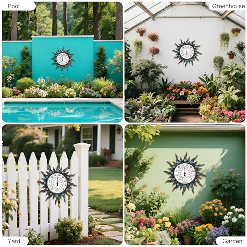 Outdoor Thermometer with Hygrometer, 12.4" Retro Sun Wall-Mounted Decor | Outdoor Waterproof Decor for Patio, Garden, Yard, Balcony, Garage, Indoor Room, Large Easy to Read No Batteries Required