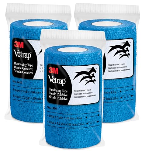 3M Vetrap Bandaging Tape, Blue, 4 in x 5 yd, 3 Pack (3 Rolls), Self-Adherent Cohesive Wrap, Hand-Tear, Latex-Free Hypoallergenic, Sticks to Itself Not Fur