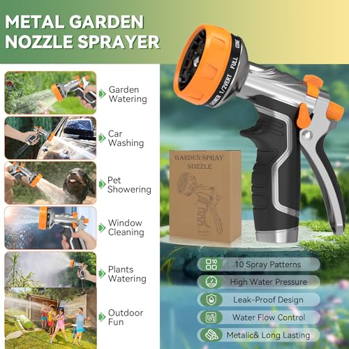 Garden Hose Nozzle, Heavy Duty Metal Water Hose Nozzle with 8 Adjustable Spray Patterns, High Pressure Hand Sprayer with Flow Control for for Garden Watering, Car & Pet Washing - color: Orange