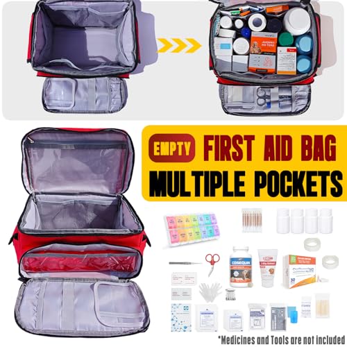 Small First Aid Bag Empty Medical Bag Red Pill Bottle Organizer Case, Portable Emergency Bag Travel Medicine Kit Storage 12" x 9" x 7" First Aid Box for Car, Home, Office, Dorm, Camping (Red)