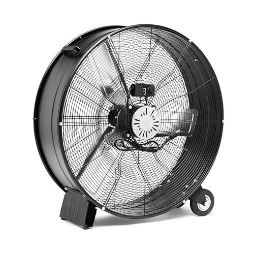 Amazon Basics 30" 300W High-Velocity Heavy-Duty Industrial Drum Fan for Cooling, Metal Housing, UL-Certified Safety Compliance, 2 Speeds, High CFM Up to 12,480, 5.9-ft Power Cord, 2 Wheels, Black - size: 30-inch