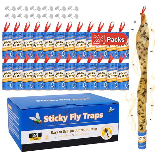 24 Pack Fly Strips Indoor Hanging Fruit Fly Trap Outdoor Sticky | Gnat Traps Fly Tape Fly Paper for Bug, Insect, Pest, Mosquito Fly Ribbon for Orchard Farm Garage Kitchen - size: 24 pack