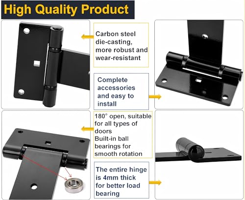 Heavy Duty T Strap Gate Hinges,12 Inch 4mm Thick - 180° Open | 2Pcs Hinges for Gate, Shed, Barn,Fence,Garden gate, Garage Door- Rust-Proof Black Steel Hinges(Patent Pending) - size: Middle
