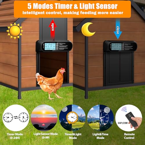 Automatic Chicken Coop Door Solar Powered, LCD Screen Electric Chicken Door | with Timer & Light Sensor, Aluminum Rechargeable Auto Chicken Door Opener with Remote Control & 4 Modes - color: Black
