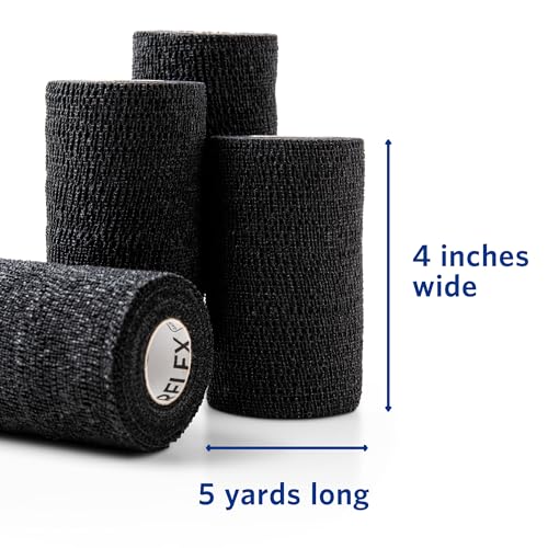 OVIK Health PowerFlex Equine – Extra Strong Self-Adhering Bandage Wrap – Wound Care, Compression & Support Bandage for Horses, Cows & Dogs – Black, 4 inch, 4 Rolls (Resealable Case) - color: Black