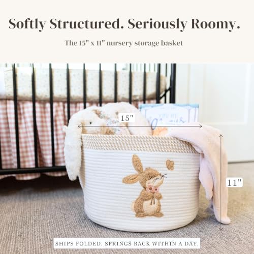 Bunny Baby Storage Basket, Woven Cotton Rope Nursery Bin, 15x11 in | Stuffed Animal and Blanket Storage, Embroidered Bunny Patch, Neutral Nursery Decor, Baby Shower, Playroom Organizer - color: Bunny