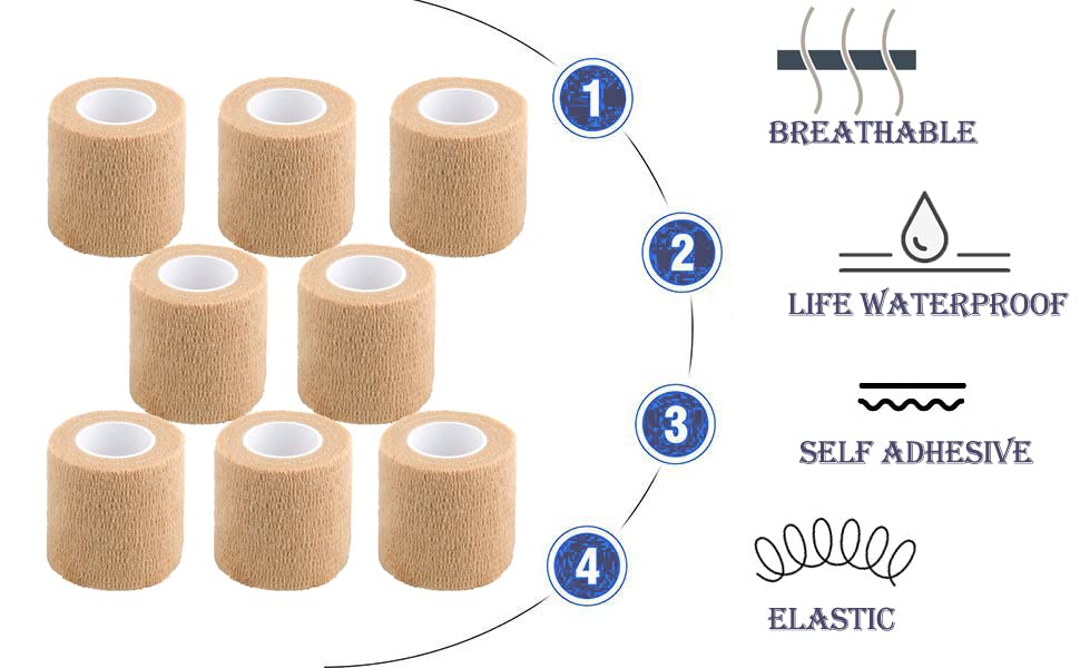Self Adhesive Bandage Wrap,White First Aid Tape Cohesive Bandage 8 Pack | CIYAGPOOU 2" Elastic Breathable Athletic Tape Vet Wrap Bulk for Sports , Wrist Sprains Protection, Tattoo Grip, Animal - color: White Self Adhesive Bandage Wrap
