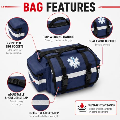 NOVAMEDIC NM-RO63P Professional First Responder Bag, 17” x 9” x 7” Empty EMT Trauma Kit Carrier with Removable Dividers, Reflective Strips, Water-Resistant Base for Emergency Medical Supplies (Blue) - color: Blue