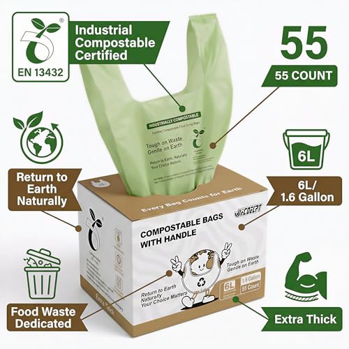 1.6 Gallon Compostable Food Scrap Bags with Handles, 220 Count | 6 liter compost bin liners with handles for kitchen food scraps. Four boxes of 55 bags for 220 bags total - color: 1.6Gal 220Pcs