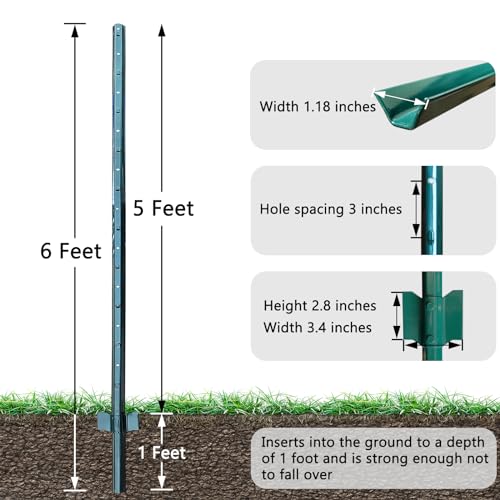6ft Fence Posts, Pack of 10 - Sturdy Metal U-Posts & Step-in Stakes | No Digging Poles for Garden Wire Fencing and Yard Signs (Fits 5-ft Fence Mesh) - size: 6 Feet