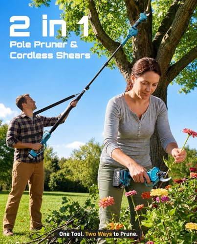 SEESII 2-in-1 Pole Pruning Shears: 1.6" Cutting Diameter Cordless Electric Pole Pruners - Brushless Motor, Dual 4.0Ah Batteries, Extra SK5 Blade, 4 Modes Adjustable Branches Cutter for Tree & Flower | Brushless Motor, 2x4.0Ah Batteries, Extra SK5 Blade, 4