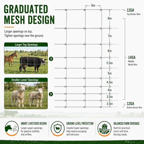 Cattle Panel 14Gauge Galvanized Woven Wire Fence 4FT x 328 FT Cattle Fence | Livestock Farm Fence 8in to 3.5in Mesh Heavy Duty Welded Wire Fencing for Goats Garden Fencing and Animal Containment - color: Silver, size: 14 Gauge 4'×328'