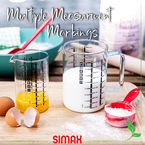 Simax Glass Measuring Cup, Durable Borosilicate Glass, Pack of 2 includes 32 oz and 16 oz Easy to Read Metric Measurements in Liter, Milliliter, Ounce, Sugar Grams, Drip Free Spout, Microwave Safe - size: 2-Pack: 32 Ounce and 16 Ounce