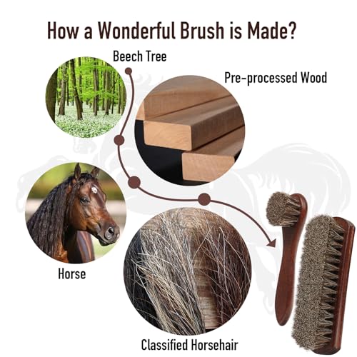3-Piece 100% Horse Hair Shoe Brush Kit Premium Dauber Applicators Leather Care Cleaning Set with Polishing Brushes and Microfiber Cloth for Leather Suede Shoes Boots Bags Cars Cleaning Polishing