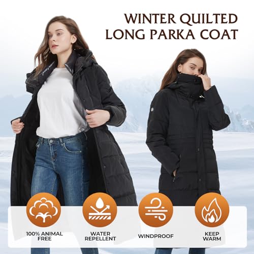 IKAZZ Women's Winter Coats, Thickened Warm Insulated Vegan Down Long Parka Jacket with Hood - color: Black, size: X-Large