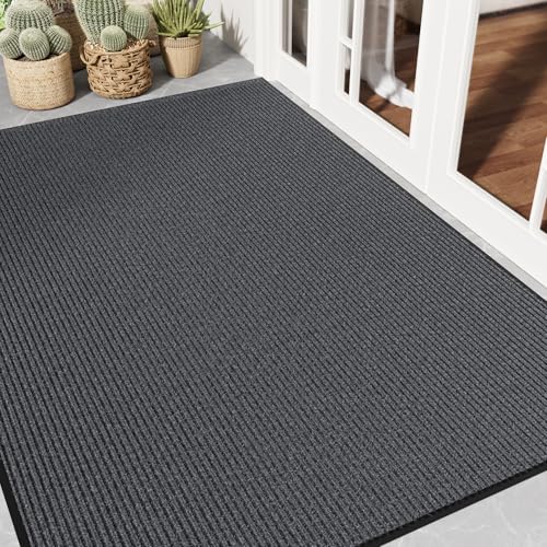 Front Door Mat 4' x 6', Heavy Duty Door Mat Outside Entrance, Non-Slip Welcome Mat Indoor Outdoor, Absorbent & Resist Dirt Entry Mat, Low Profile Commercial Door Mats Outdoor, Grey 1-Pack - color: Grey Striped, size: 4' x 6'