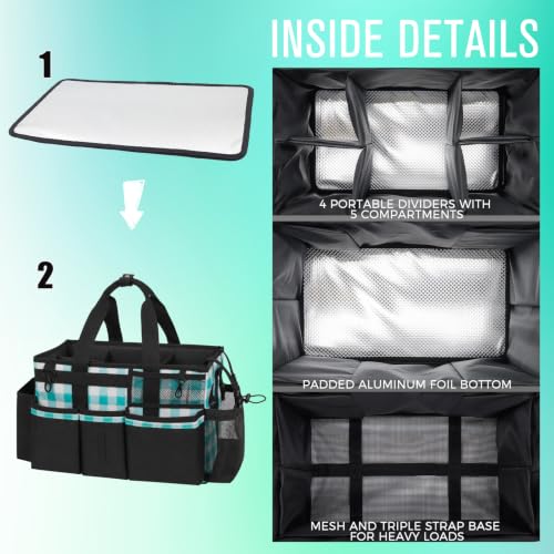 SCAVATA Wearable Cleaning Caddy, Cleaning Caddy Supplies Organizer with Handle & Shoulder Straps for Housekeepers, Under Sink & Car Cleaning Tool Organizers Bag with 4 Foldable Divider (BluePlaid) - color: BluePlaid