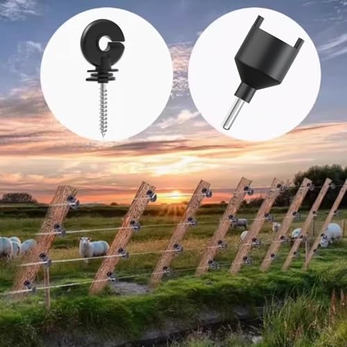 50pk Screw-in Electric Fence Ring Insulators, Wood Post Supplies | UV-Resistant Heavy Duty Plastic; Free Installation Socket Tool; 80% Faster Setup; Fits Polywire Rope Tape; Cattle Horse Sheep