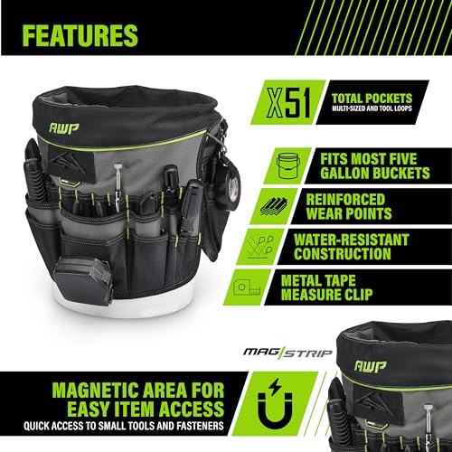 AWP Bucket Tool Organizer 51-pocket, Utility Tool Bag, 1 Pack | Water-Resistant , 51 pockets and loops for Screwdrivers and Electrical Accessories , Fits 5 Gallon buckets
