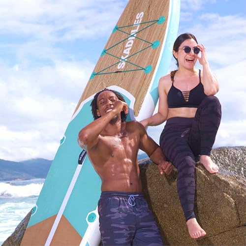 10’6’’ Inflatable Stand Up Paddle Board (SUP) for Adults and Youth with Non-Slip Deck – Complete Accessories Kit, for Fishing, Yoga, Fitness & Family Fun - color: mint green wood grain