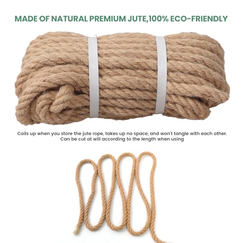 Natural Jute Rope, Heavy Duty Thick Rope, 1/2 in x 50 ft | For indoor and outdoor crafts, nautical rope decor, railings, hammocks, swings, gardening and tug of war - size: 1/2 in x 50 ft