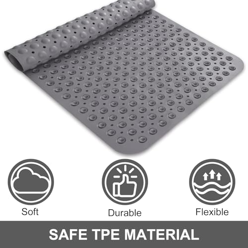 Shower Mat Non Slip, 36" x 24" Large Shower Floor Mat with Drain Holes and Suction Cups, Soft TPE Anti Slip Shower Stall Mats for Inside Shower, Machine Washable, Grey - color: Grey